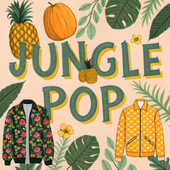 Vibrant jungle pop design featuring tropical fruits, lush foliage, and stylish bomber jackets, perfect for fashion and summer themes.