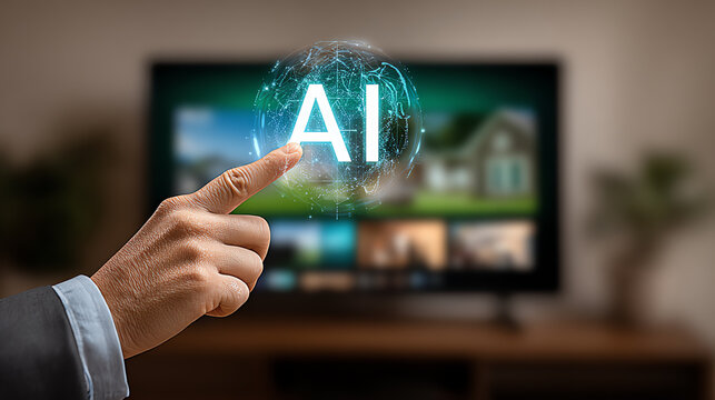 A person interacts with AI technology using a virtual interface, showcasing innovation in home entertainment and smart living.