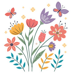 Colorful hand-drawn spring flowers and foliage on a white background . Set floral of wildflower, leaf branch, foliage on white background. Hand drawn blossom illustration.