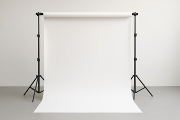 Empty white cyclorama backdrop on a studio stand with grey floor and white wall background