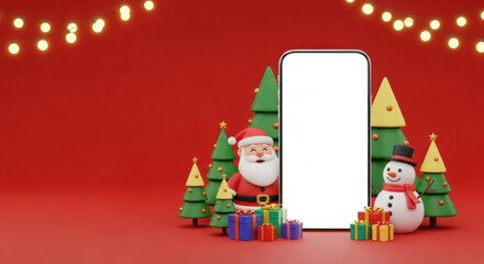 3D Santa and snowman stand with trees and gifts next to a blank smartphone screen under fairy lights
