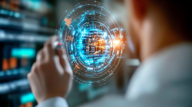 A professional analyzing data visualizations with futuristic digital interface, symbolizing innovation and connectivity in technology.