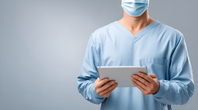 Professional healthcare provider in medical scrubs and mask diligently uses a tablet for patient care and data management in a modern studio setting