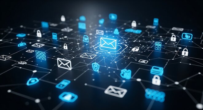 Cybersecurity Network with Glowing Icons Representing Security Measures Data Protection and Secure Communication in a Futuristic Digital Landscape - Powered by Adobe