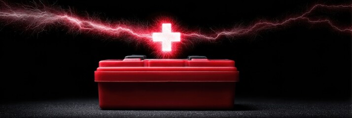 Electric Spark Connects Car Battery Terminals With a Power Symbol During a Dramatic Display of Energy