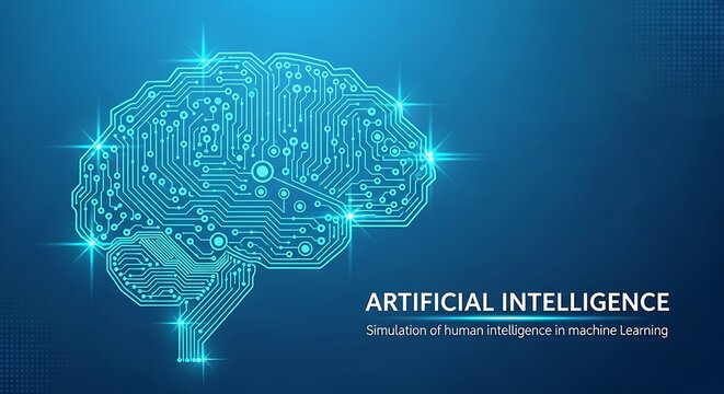 Artificial intelligence brain circuit graphic illustration on blue background display
