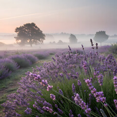 Serene lavender field bathed in soft morning mist with distant trees creating a tranquil, breathtaking rural landscape.