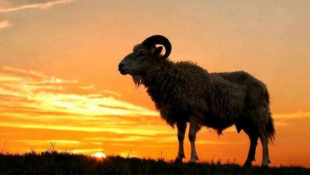 Majestic ram with large horns silhouetted against a vibrant orange sunset sky on a hilltop.