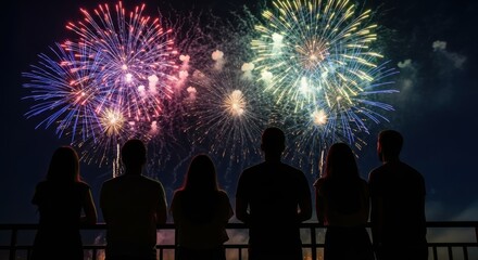 People watching colorful fireworks display in night sky celebration event