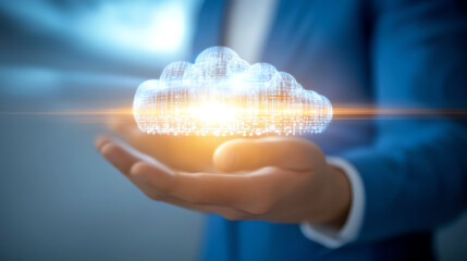 A professional holding a digital cloud symbolizing innovative technology and data management solutions for businesses.