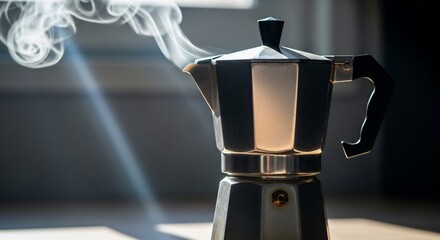 Steaming Moka Pot - Brewing Fresh Coffee in Morning Light.