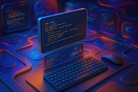 Futuristic computer setup with glowing code on screen and AI interface technology coding