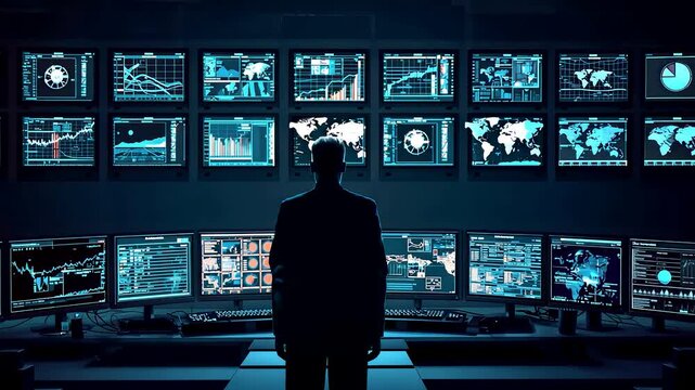 Businessman Standing in Dark Command Center Facing Wall of Surveillance Monitors with Global Data