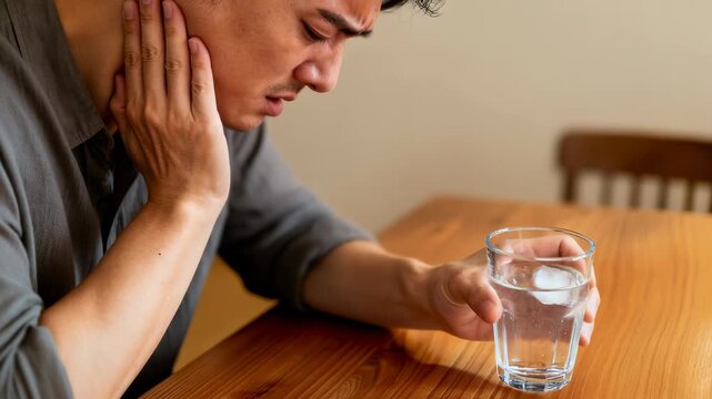 Man feeling sharp tooth pain from a glass of cold water at home. Concept of dental hypersensitivity and oral health problems. Close-up shot with tilting and panning.