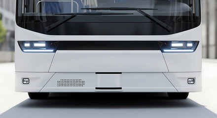 Obraz premium Modern Electric Bus Front View with Sleek Headlights and Minimalist Design Aesthetic for Sustainable Transportation