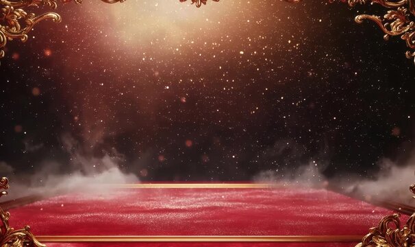 Red carpet stage features smoke, gold frames, and falling glitter creating a festive atmosphere