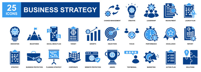 Business Strategy icon set collection. Containing design Leadership, Creatve, Milestones, Planning Strategy, Solutions