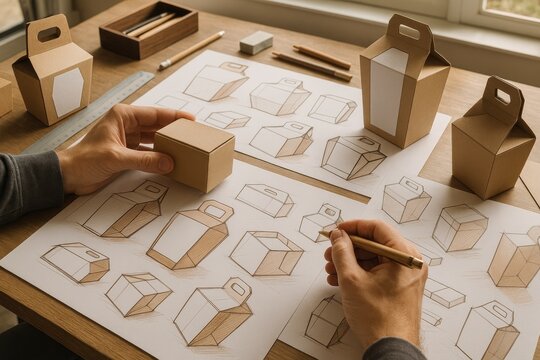 Hands designing cardboard packaging boxes with sketches and prototypes on a wooden desk 