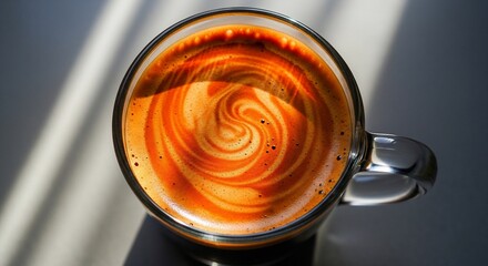 Top view of a creamy coffee with swirling patterns in a clear glass mug.