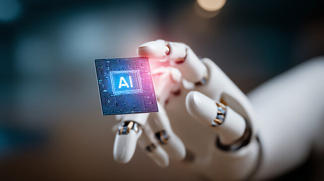 A robotic hand delicately holds a futuristic AI chip, symbolizing the advance of artificial intelligence in modern technology.