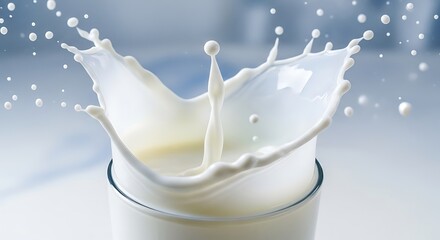 Milk Splash: An artistic high-speed capture of milk creating a beautiful splash within a glass, showcasing the elegance of dairy.
