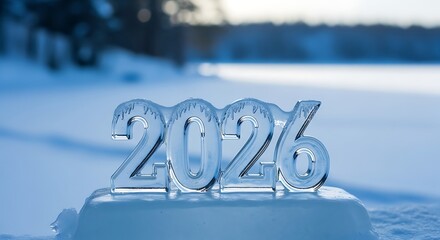 Ice sculpture of the year two thousand twenty six on a snowy surface in a winter landscape