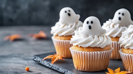 Ghostly Cupcakes: Delightful cupcakes featuring adorable ghost-shaped decorations. Perfect for Halloween festivities, embodying fun and sweetness.