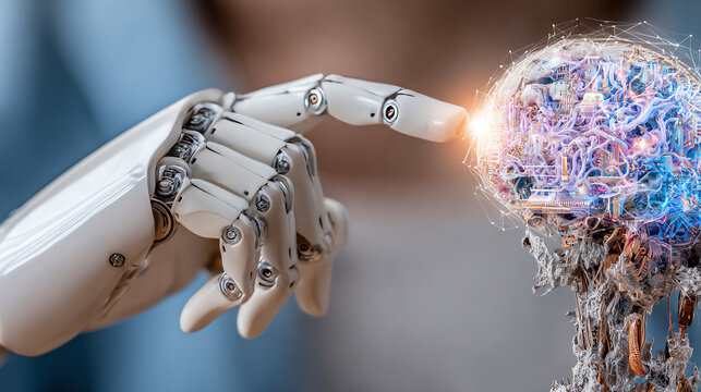 A robotic hand nearing a digital brain, symbolizing the connection between artificial intelligence and human innovation.