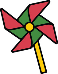 Red and green pinwheel toy with yellow center on white background game play