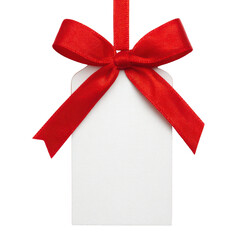 blank white christmas gift tag with red ribbon bow isolated on white or transparent png