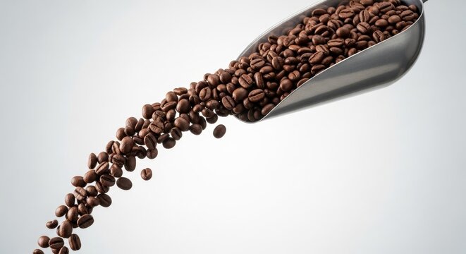 Rich roasted coffee beans cascade from a silver scoop, promising aromatic moments and energizing mornings for any coffee lover's dream.