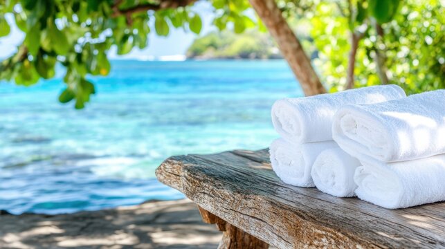 Serene Beachfront Scene: Pure white towels are stacked neatly on a rustic wooden bench with lush greenery and the turquoise ocean beckoning in the distance, a perfect invitation for relaxation.