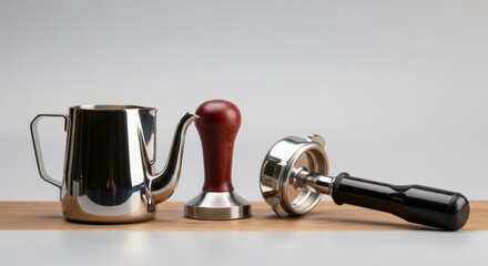 Professional barista tools including a sleek metal milk pitcher, elegant wooden tamper, and chrome portafilter on a wooden surface