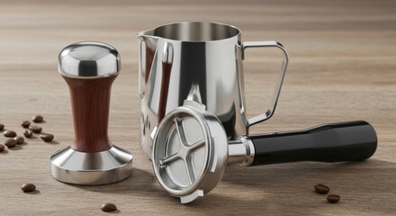Professional barista tools including tamper, portafilter, and milk pitcher ready for crafting exquisite coffee beverages