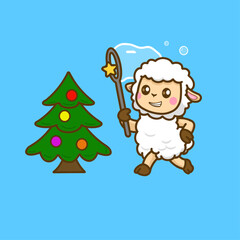 Playful Sheep Catching Stars with Bubbles for Christmas Tree Decoration – Vector Illustration