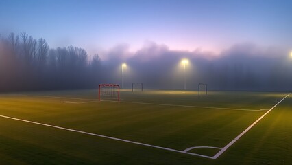 regimen. Training ground at dawn with obstacle courses visible through morning mist. event key visuals, club posters, designed for sports event promotions and stadium branding.