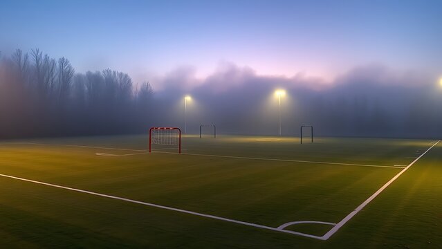 regimen. Training ground at dawn with obstacle courses visible through morning mist. event key visuals, club posters, designed for sports event promotions and stadium branding.