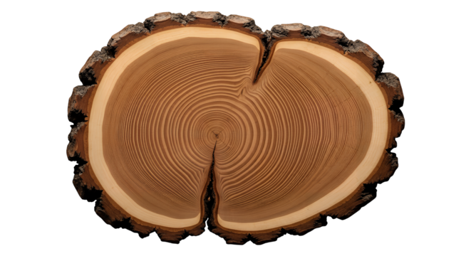 A detailed cross-section of a cracked tree trunk showing annual growth rings and natural wood grain texture, isolated on a clean transparent background