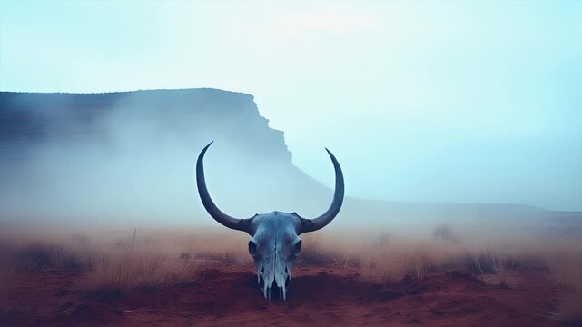 A surrealistic portrayal of a cow skull with large, curved horns set against a misty backdrop. The skull is positioned on a rugged terrain with sparse vegetation.