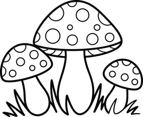 Three spotted mushrooms in grass line art cartoon illustration Keywords: mushroom, fungi, nature