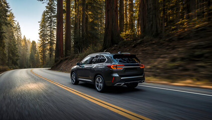 Fototapeta premium SUV driving on a scenic road through a lush forest during the day
