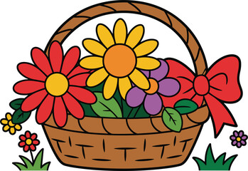Woven Easter Basket Filled with Colorful Flowers and Red Bow Keywords: Easter basket, flowers