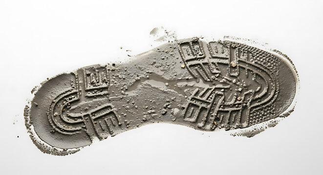 Muddy Footprint on White Surface Revealing Tread Pattern and Texture Details Up Close