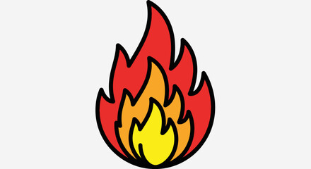 A vibrant cartoon illustration of a single flame with red, orange, and yellow colors, outlined in black.