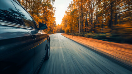 Driving through a scenic autumn forest on a winding road