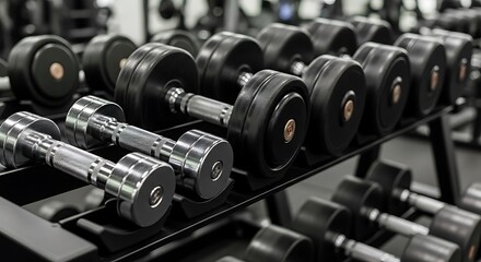 Obraz premium Iron Weights Display: A comprehensive selection of iron weights neatly arranged on a rack, emphasizing the equipment used to promote muscular strength and physical conditioning. 