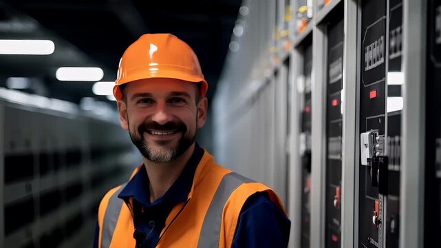 Data center. A man in an orange safety vest and hard hat stands in a server room, surrounded by rows of servers and switches. He is wearing a blue shirt and has a beard.