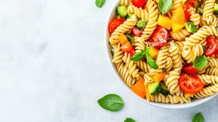 Healthy Pasta Salad: An appetizing close-up of a refreshing pasta salad, vibrant with fresh vegetables and flavorful ingredients.