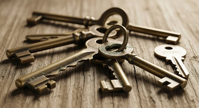 Vintage Keys on Wooden Table: A collection of vintage keys, meticulously arranged on a weathered wooden table, whispers tales of secrets, unlocking untold stories.