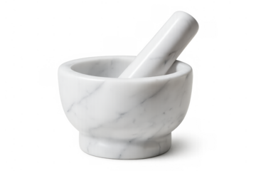 Mortar and pestle made from white marble for grinding herbs, spices, and preparing natural medicine, transparent background